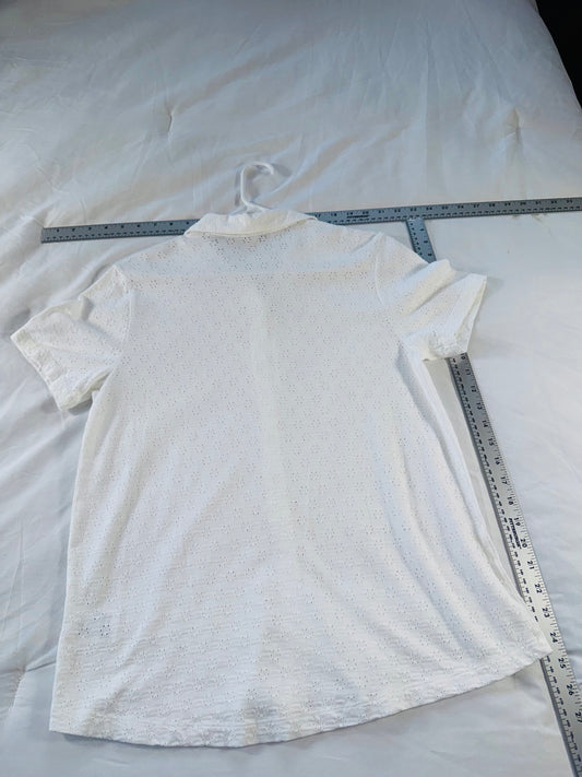 Lands' End White Eyelet Button Shirt - Short Sleeve Summer Blouse - SM