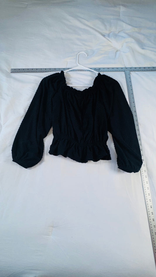 H&M Black Swiss Dot Smocked Peasant Blouse - Long Sleeve - SM