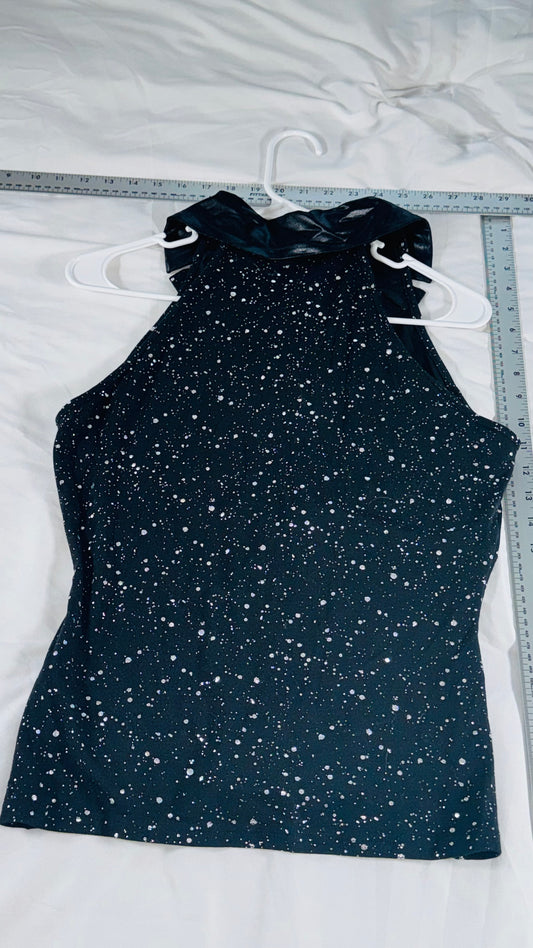 Black Metallic Speckled Halter Blouse with Collar - L