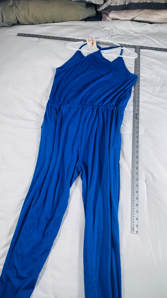 Prettygarden Blue Wrap-Style Spaghetti Strap Jumpsuit / Romper with Tie Waist - M