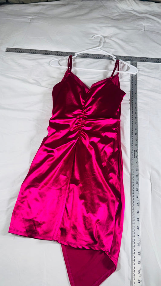 Emerald Sundae Fuchsia Satin Asymmetrical Party Dress - Spaghetti Strap - M