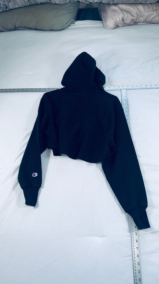 Champion Reverse Weave Cropped Hoodie - Black -Embroidered Logo - XS