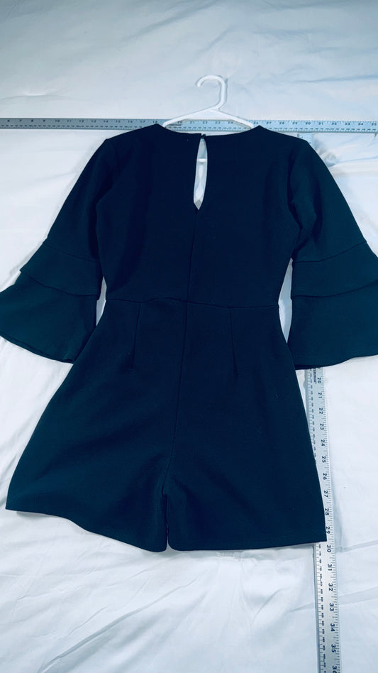 Mi Ami Black Tetured Wrap Romper - Bell Sleeve Fit & Flare Romper- SM