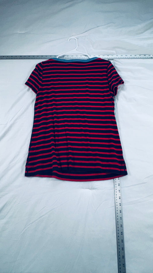 Lauren Ralph Lauren Striped Zip-Shoulder Top - Navy & Red Cotton Tee - LG