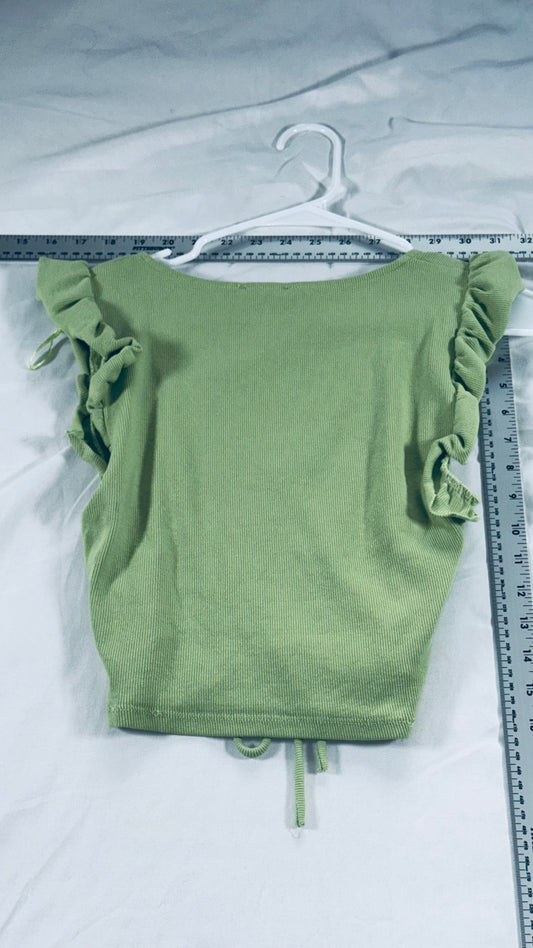 ZARA Lime Green Ribbed Ruched Crop Top - Ruffle Sleeve Tie Front (L)