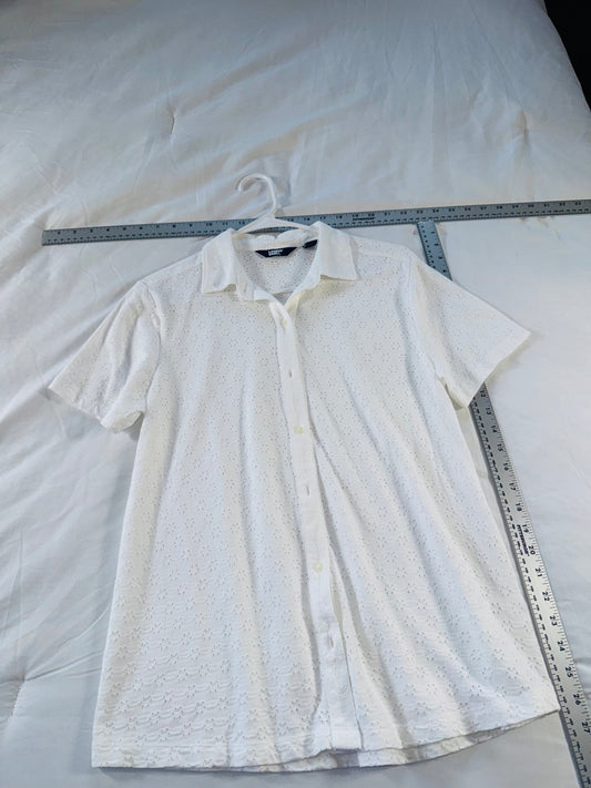 Lands' End White Eyelet Button Shirt - Short Sleeve Summer Blouse - SM