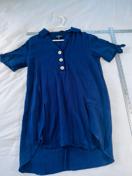 Lulus Midnight Blue Linen Blend tunic Dress-Button Front Casual Summer Dress - XS
