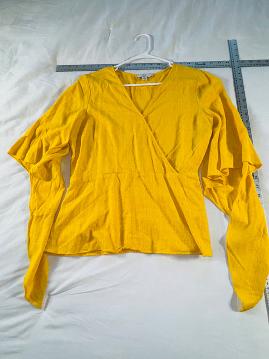 Halston Signature Mustard Yellow V-neck Blouse with Sculpted Bell Sleeves - LG