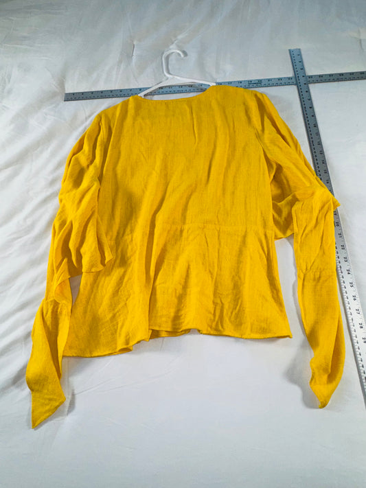 Halston Signature Mustard Yellow V-neck Blouse with Sculpted Bell Sleeves - LG