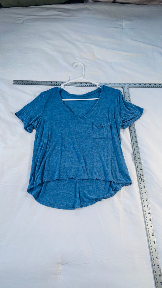 Blue Slub Knit V-Neck Pocket Tee - Soft Lightweight - SM