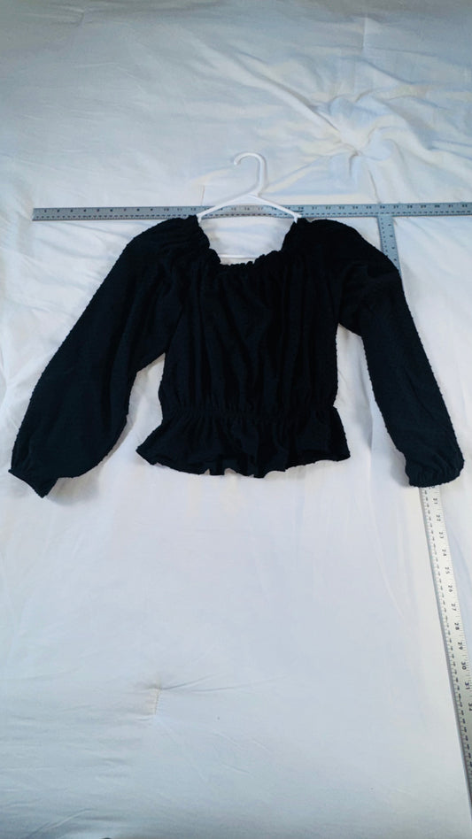 H&M Black Swiss Dot Smocked Peasant Blouse - Long Sleeve - SM