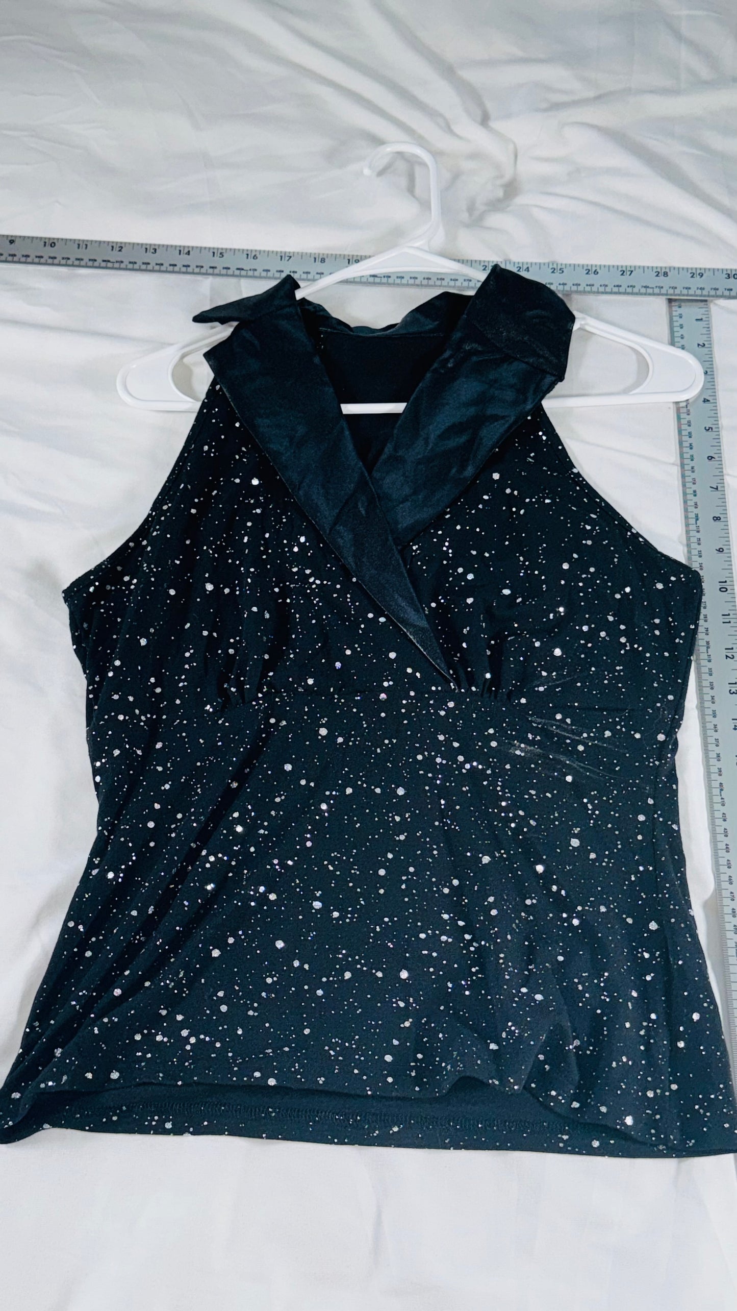 Black Metallic Speckled Halter Blouse with Collar - L