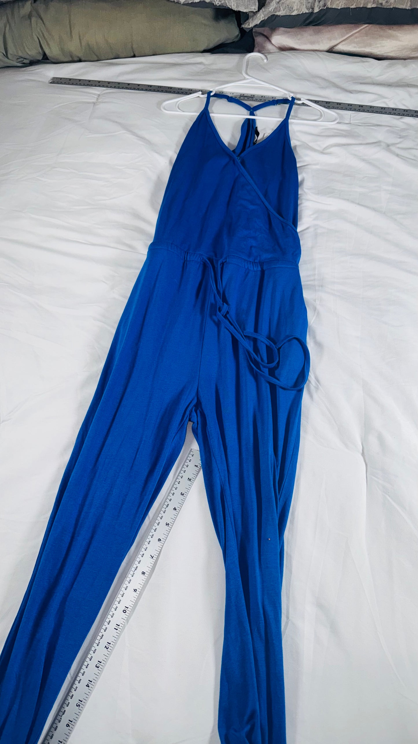 Prettygarden Blue Wrap-Style Spaghetti Strap Jumpsuit / Romper with Tie Waist - M
