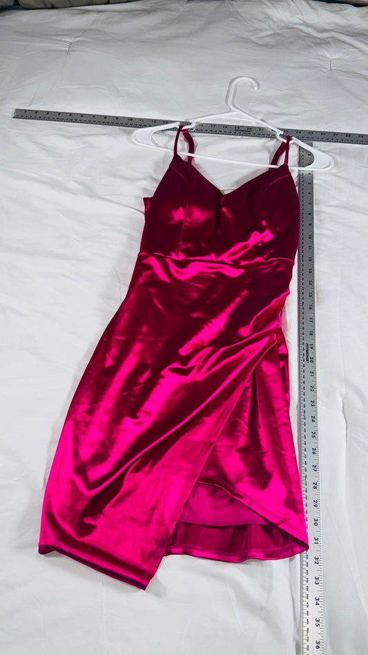 Emerald Sundae Fuchsia Satin Asymmetrical Party Dress - Spaghetti Strap - M