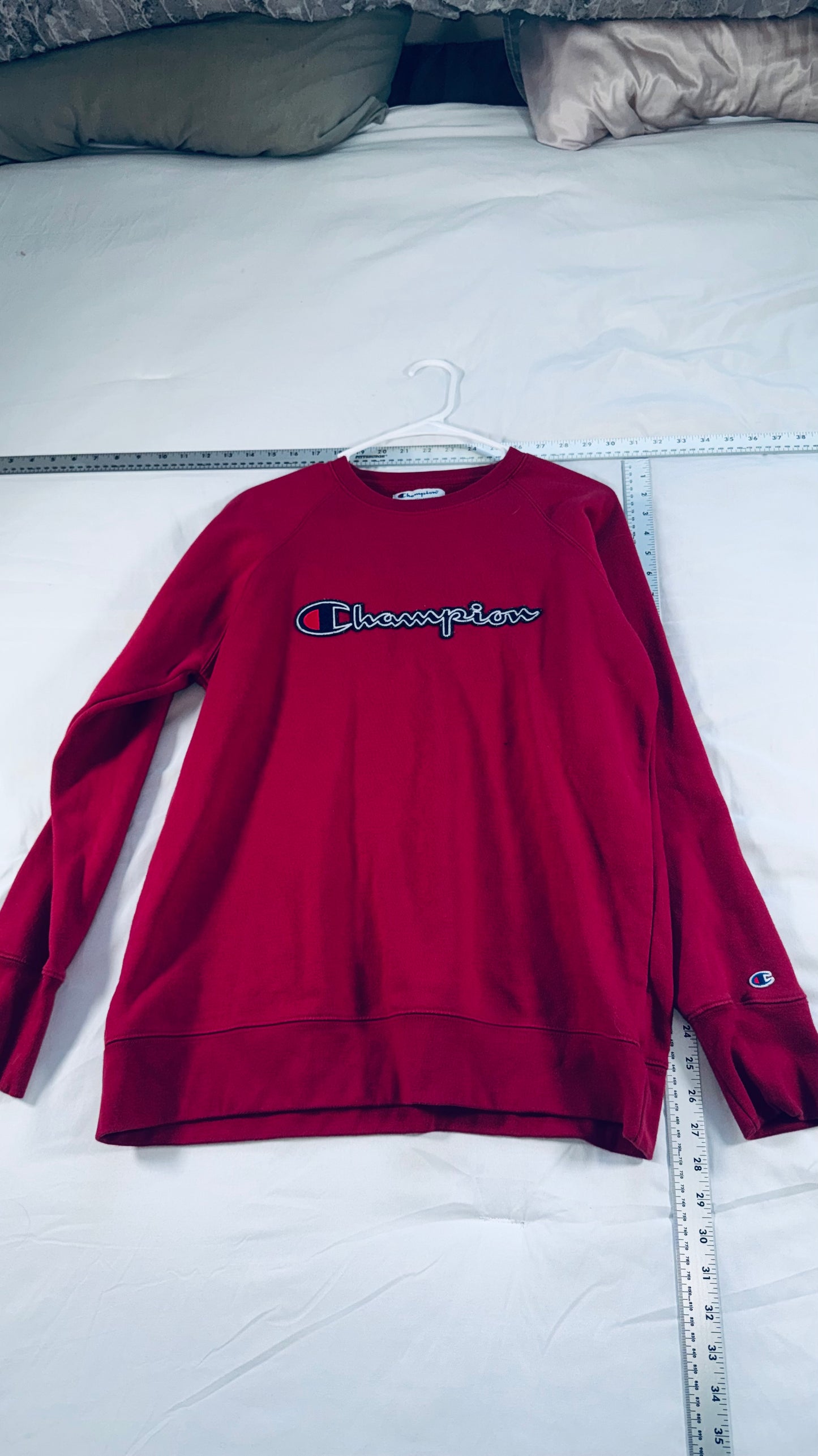 Champion Red Logo Crewneck Sweatshirt - Script Patch Logo - LG
