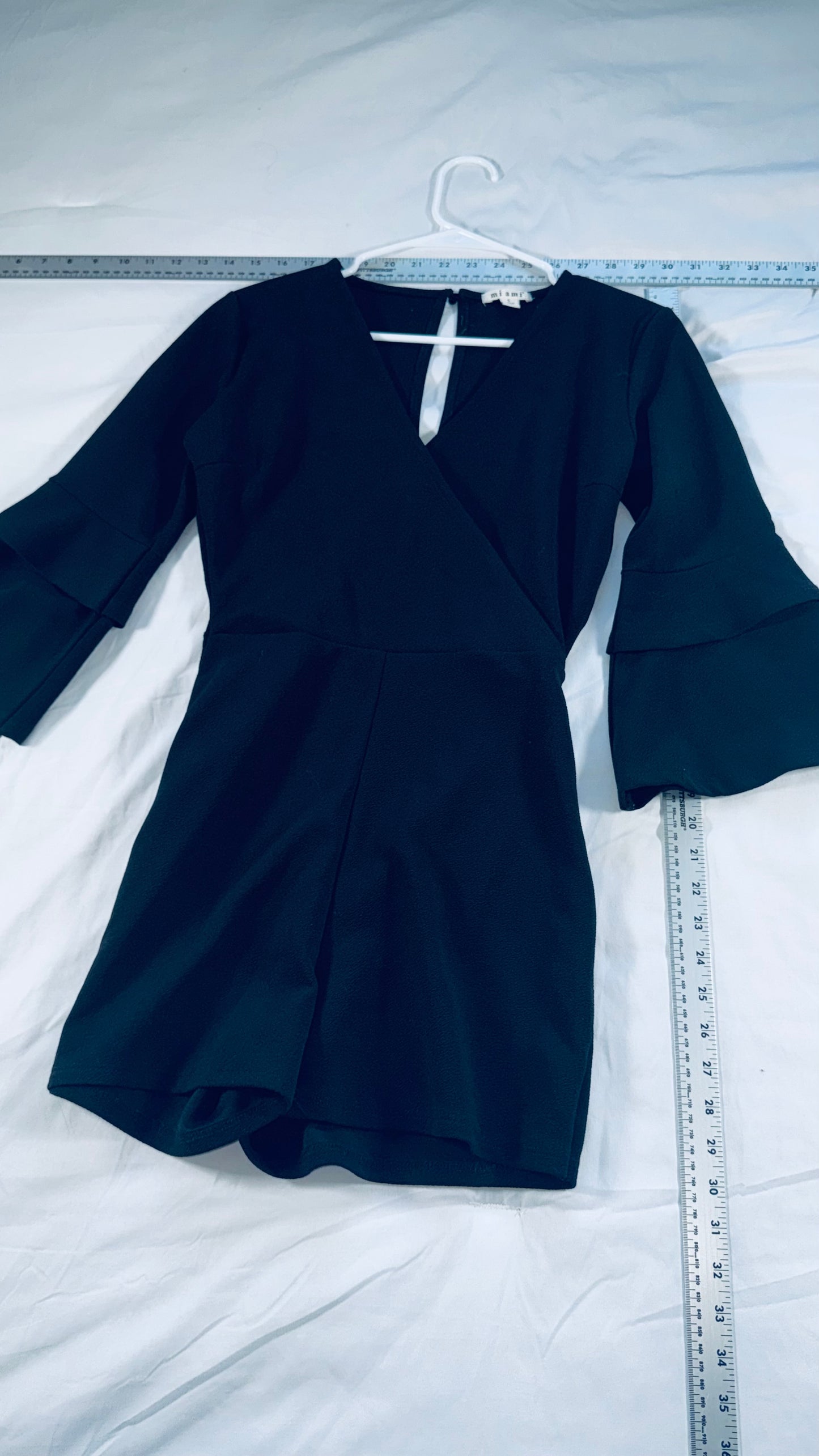 Mi Ami Black Tetured Wrap Romper - Bell Sleeve Fit & Flare Romper- SM