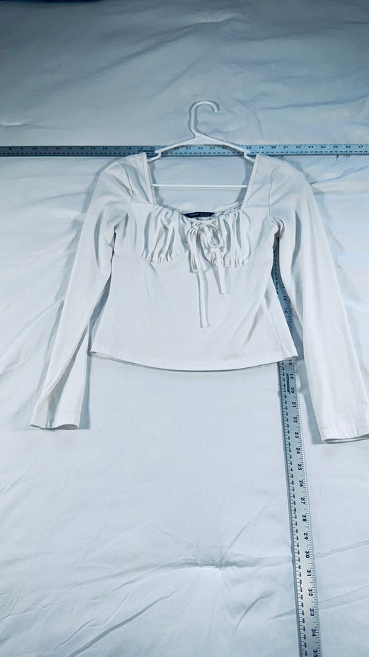 Shein White Long Sleeve Square Neck Tie Front Crop Top - SM