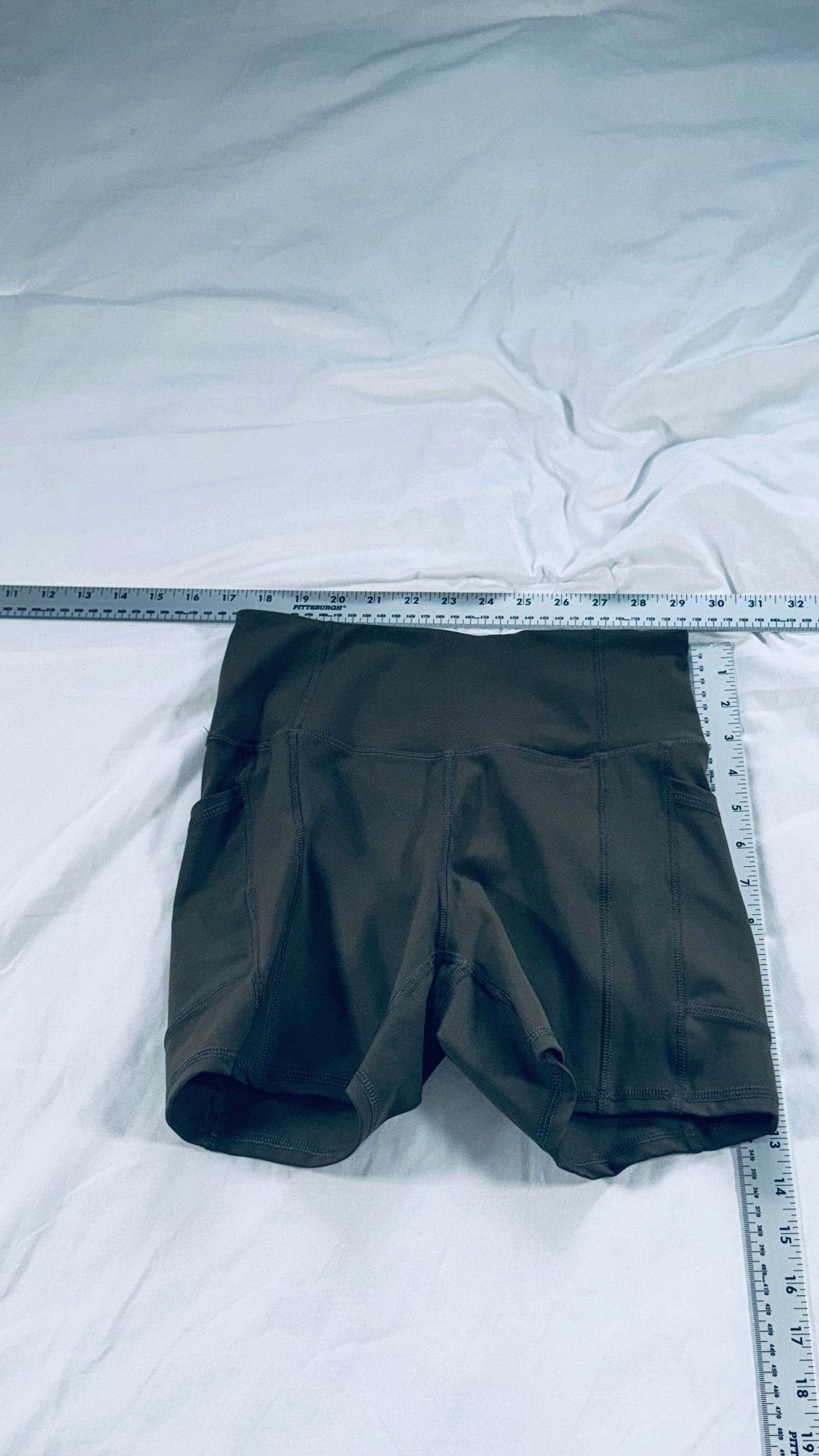 Olive Green High Waist Athletic Shorts with Pockets - Compression Workout Shorts - XS