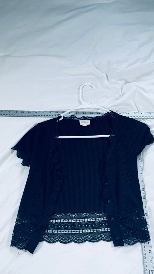 Caution to the Wind Black Ribbed Lace Trim Button Front Top - XS