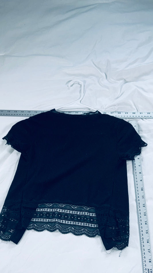 Caution to the Wind Black Ribbed Lace Trim Button Front Top - XS