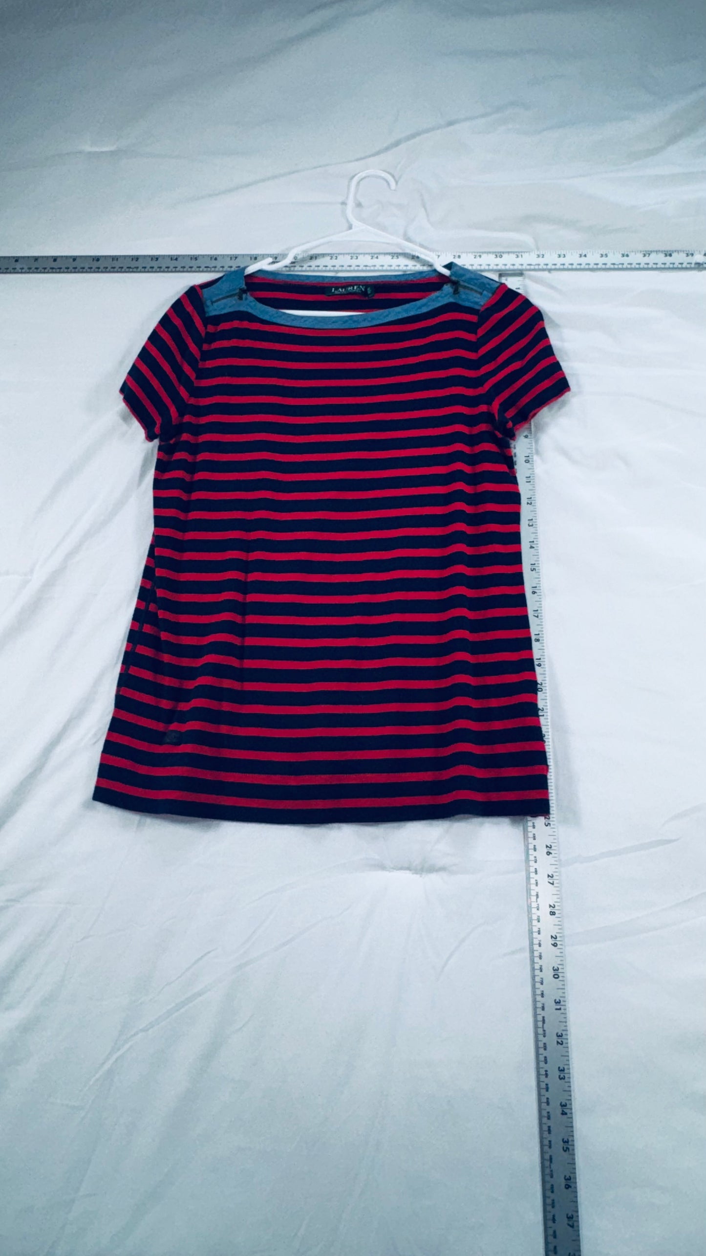Lauren Ralph Lauren Striped Zip-Shoulder Top - Navy & Red Cotton Tee - LG