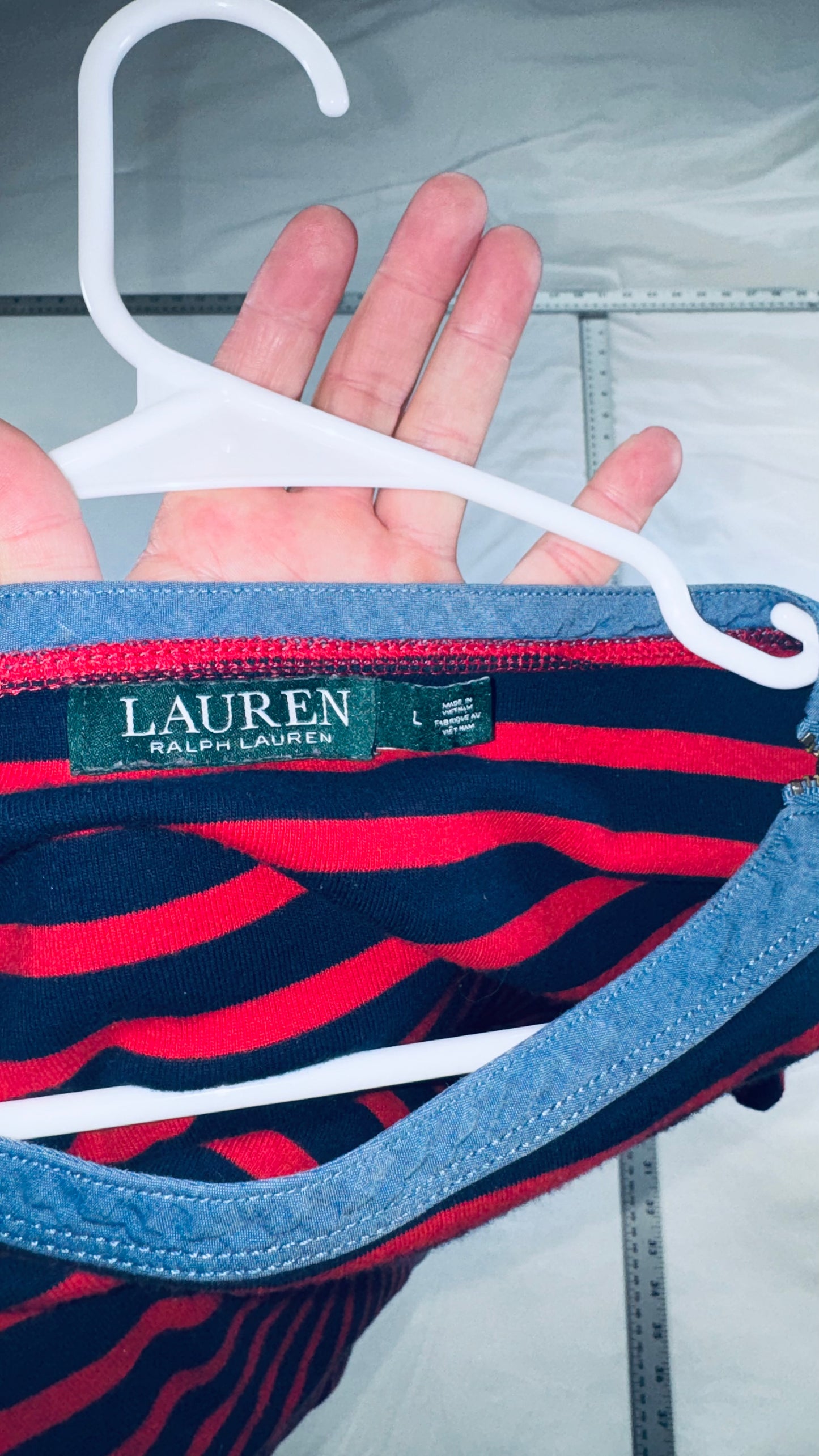 Lauren Ralph Lauren Striped Zip-Shoulder Top - Navy & Red Cotton Tee - LG