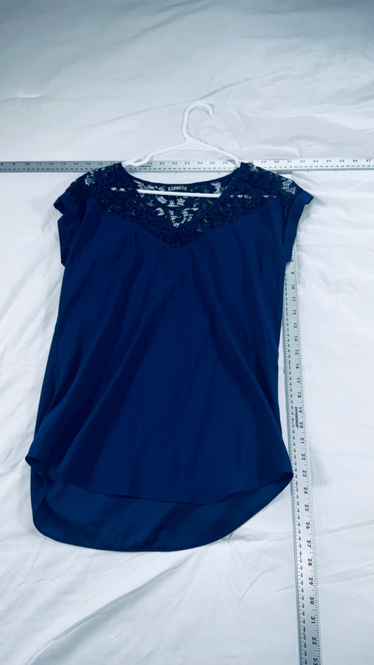 Express Lace Yoke Blouse - Navy Blue V-Neck Cap Sleeve Top - S