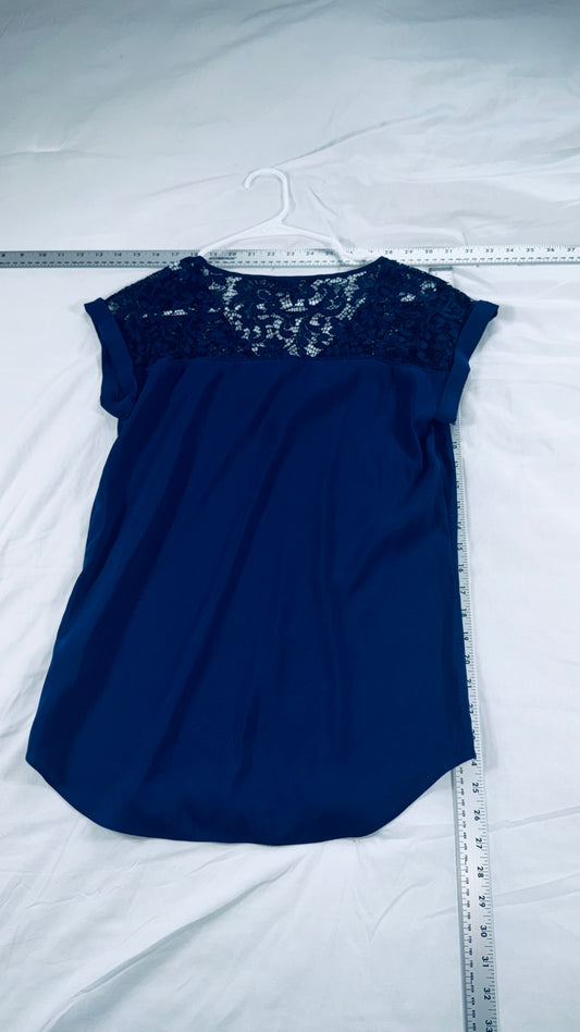 Express Lace Yoke Blouse - Navy Blue V-Neck Cap Sleeve Top - S