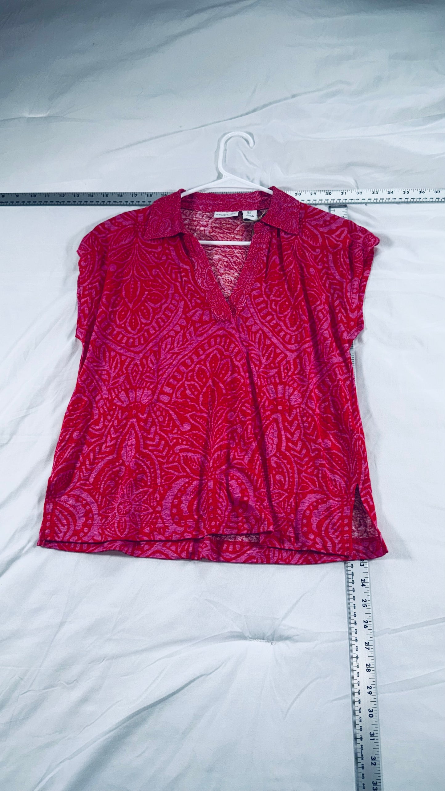 Rachel Zoe 100% Linen Printed Blouse - Pink & Red Short Sleeve Collared Top - SM