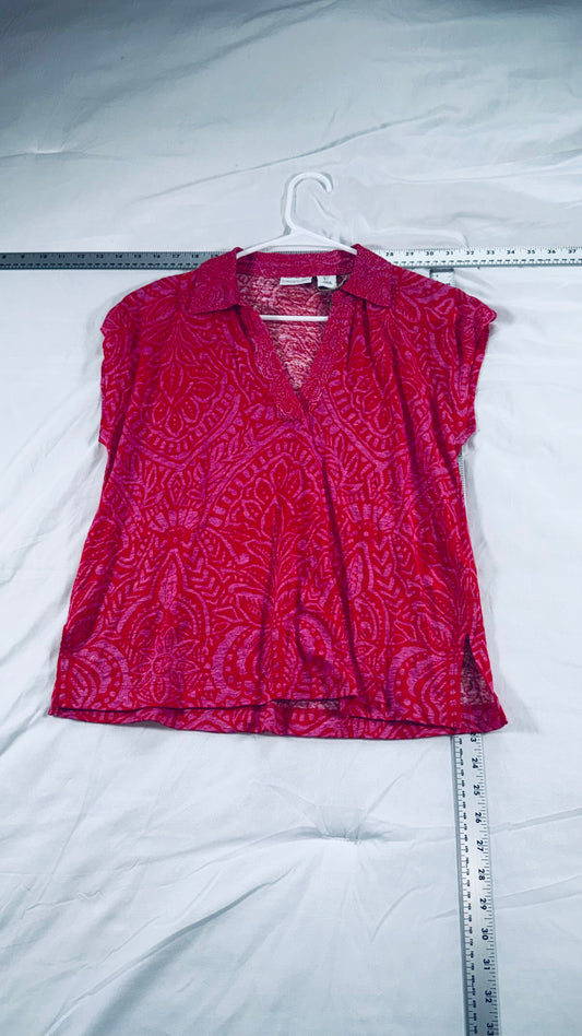 Rachel Zoe 100% Linen Printed Blouse - Pink & Red Short Sleeve Collared Top - SM