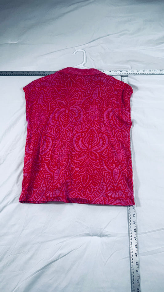 Rachel Zoe 100% Linen Printed Blouse - Pink & Red Short Sleeve Collared Top - SM