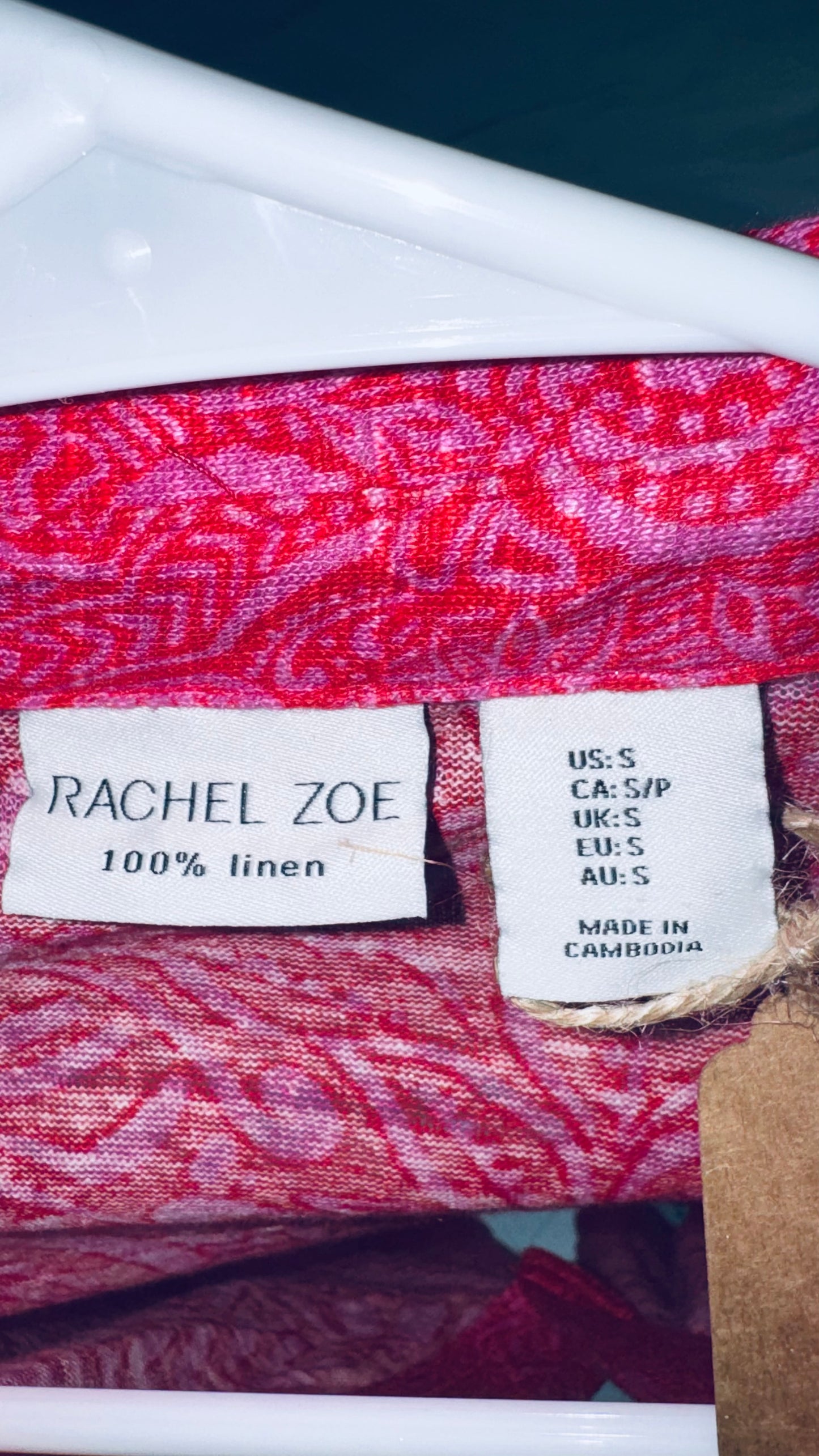 Rachel Zoe 100% Linen Printed Blouse - Pink & Red Short Sleeve Collared Top - SM