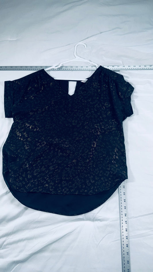 Tommy Bahama Black Metallic Print Blouse - Short Sleeve V-Neck Top - XS