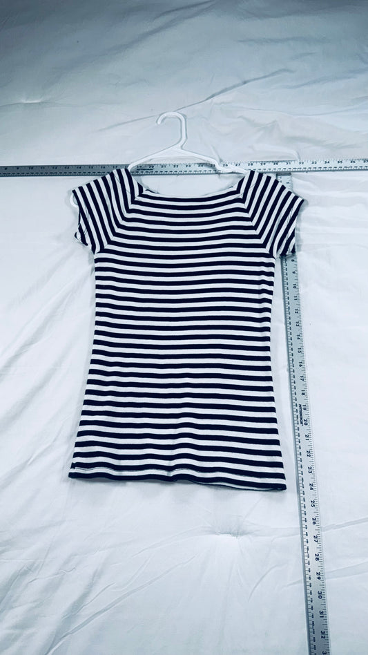 Lauren Ralph Lauren Petite Black & White Striped Boatneck Top - Cap Sleeve - (Petite)