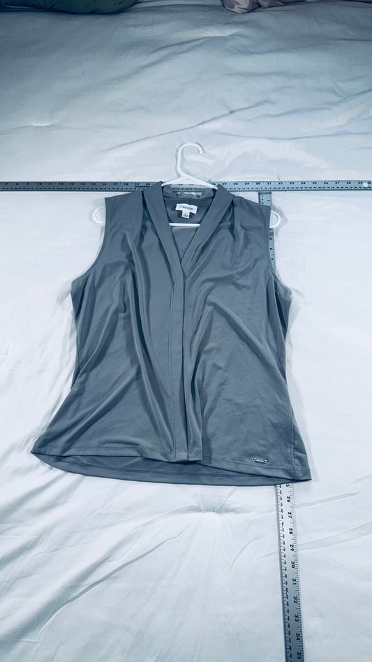 Calvin Klein Silver Gray Sleeveless Draped Blouse - V-Neck Top - L