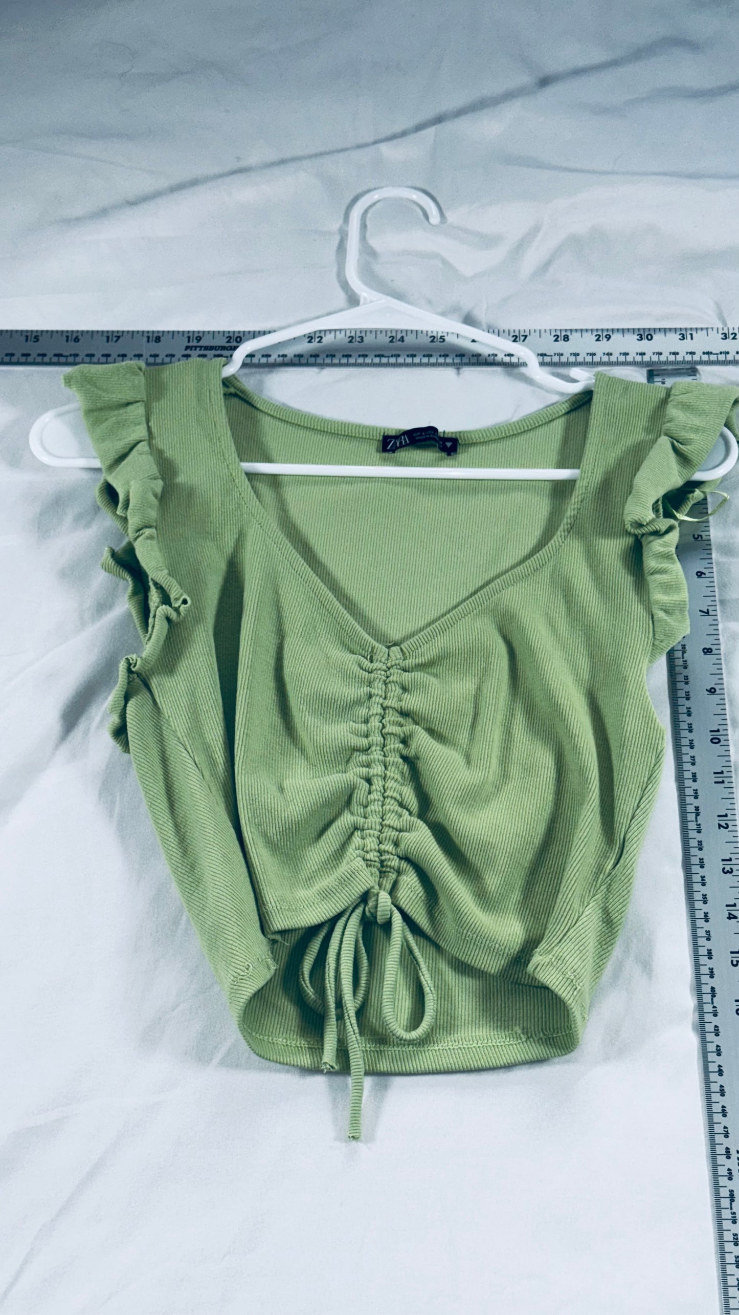 ZARA Lime Green Ribbed Ruched Crop Top - Ruffle Sleeve Tie Front (L)